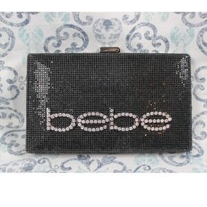 Bebe Zaza Clutch Black Rhinestone Crystal Logo Evening Bag E22-4586 NEW